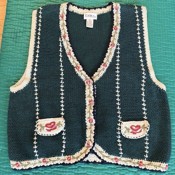 Vintage Erika Floral Embroidered Vest Women L Green Roses Cotton Cottagecore 90s - Picture 2 of 16